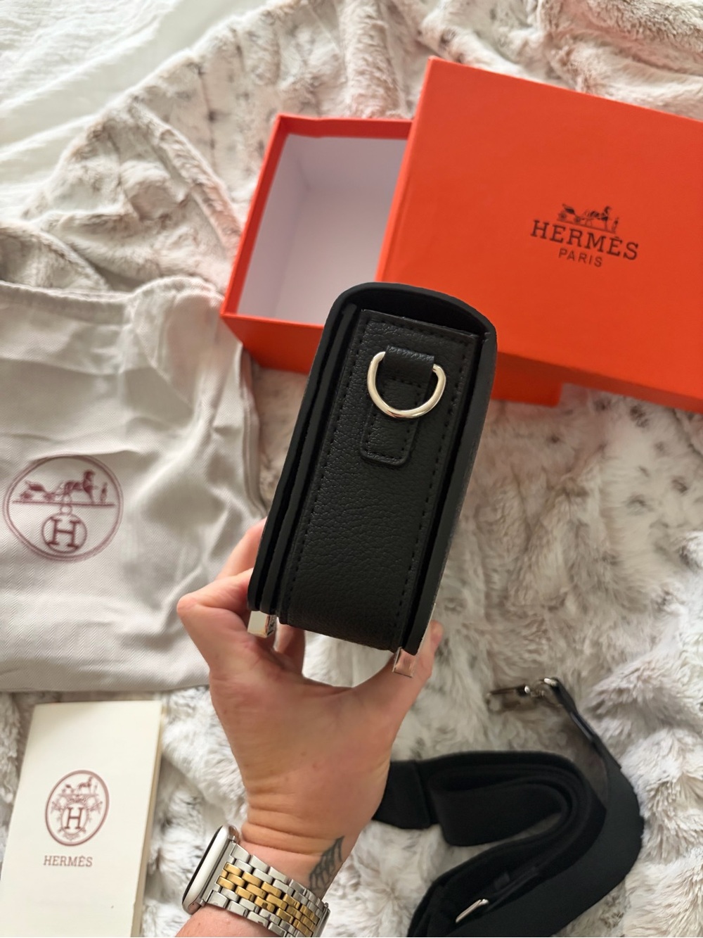 Inspired Black Leather Crossbody with Orange Box Accent - Picture 9 of 10
